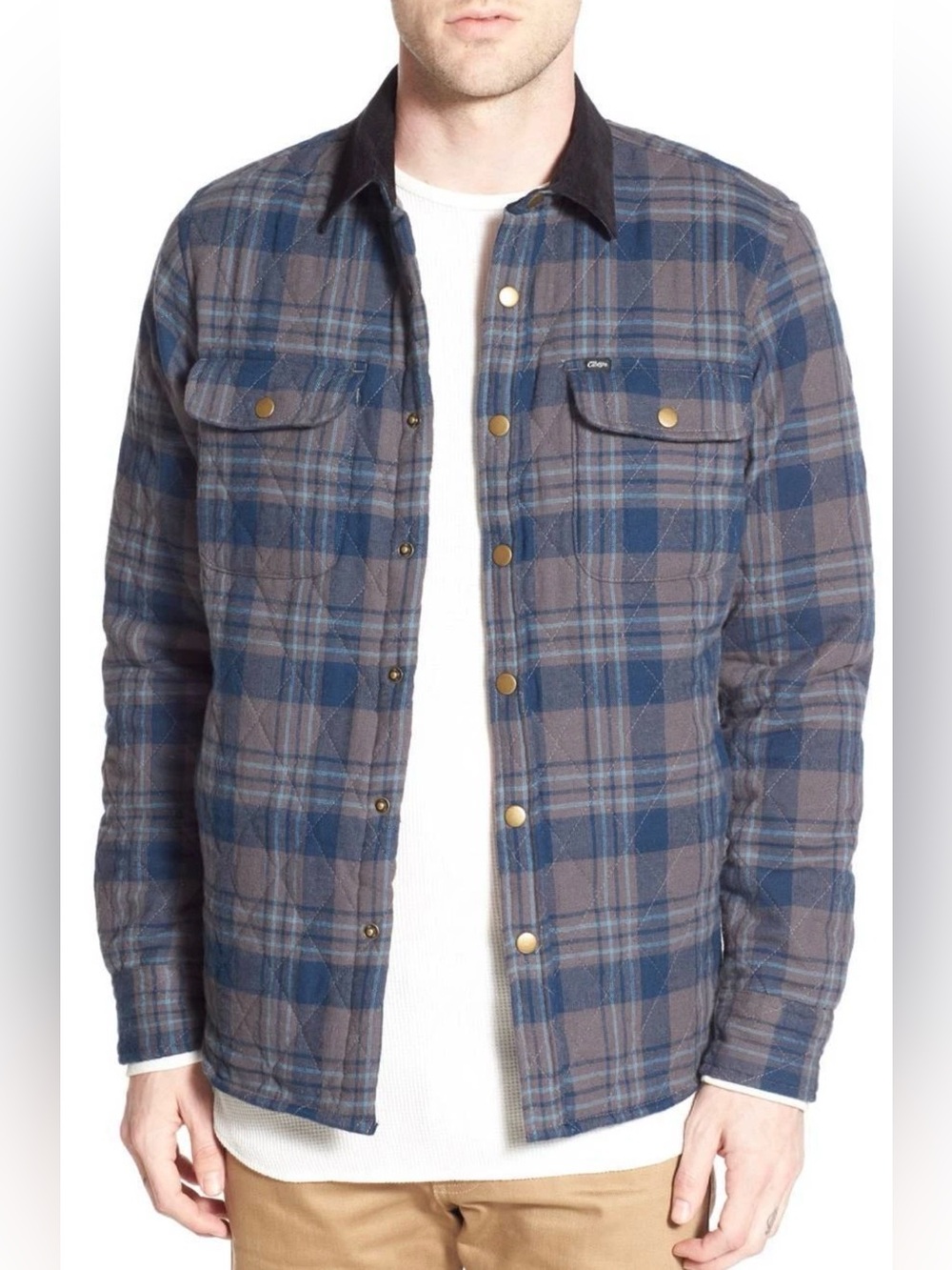 Obey Griffin Jacket Charcoal Blue Plaid Black Collar Lined Flannel